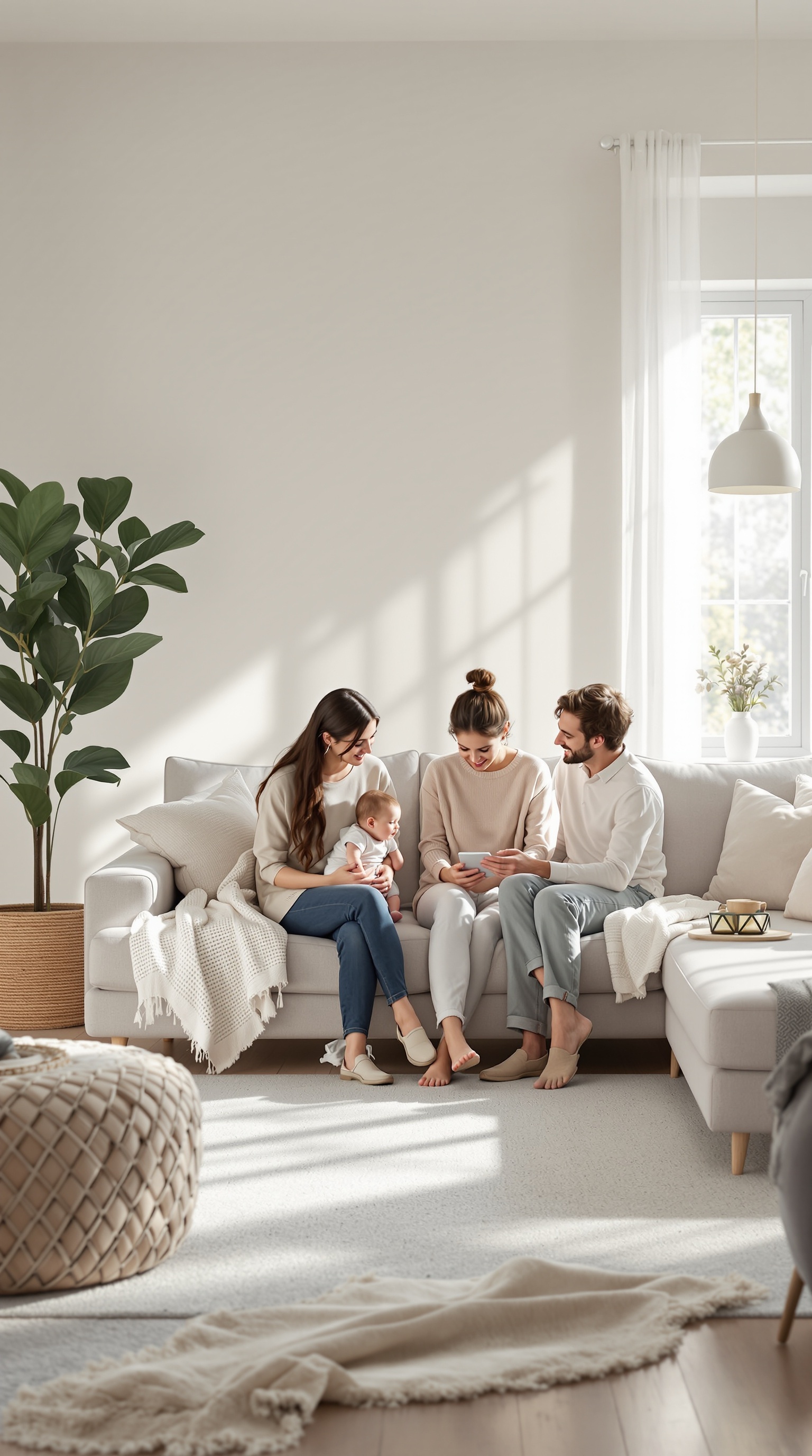 A family sitting together on a couch, enjoying time with their baby.