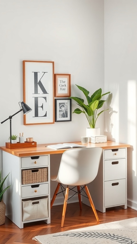 A cozy desk setup featuring a wooden desk with storage drawers, framed art on the wall, and a plant.