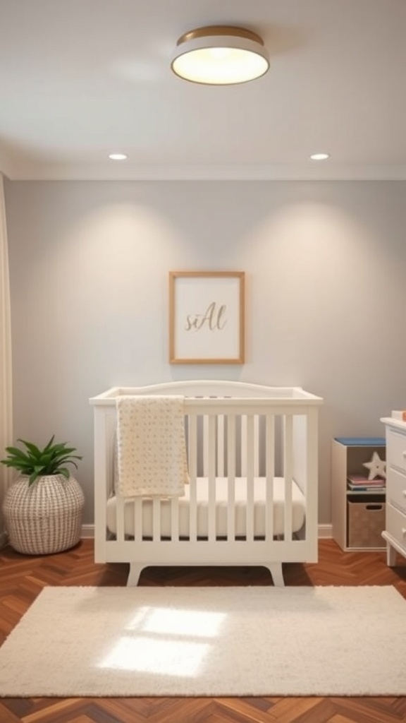A cozy nursery with adjustable lighting, featuring a crib, soft rug, and decorative elements.