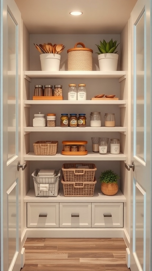 A well-organized pantry with adjustable shelving, featuring jars, baskets, and containers.