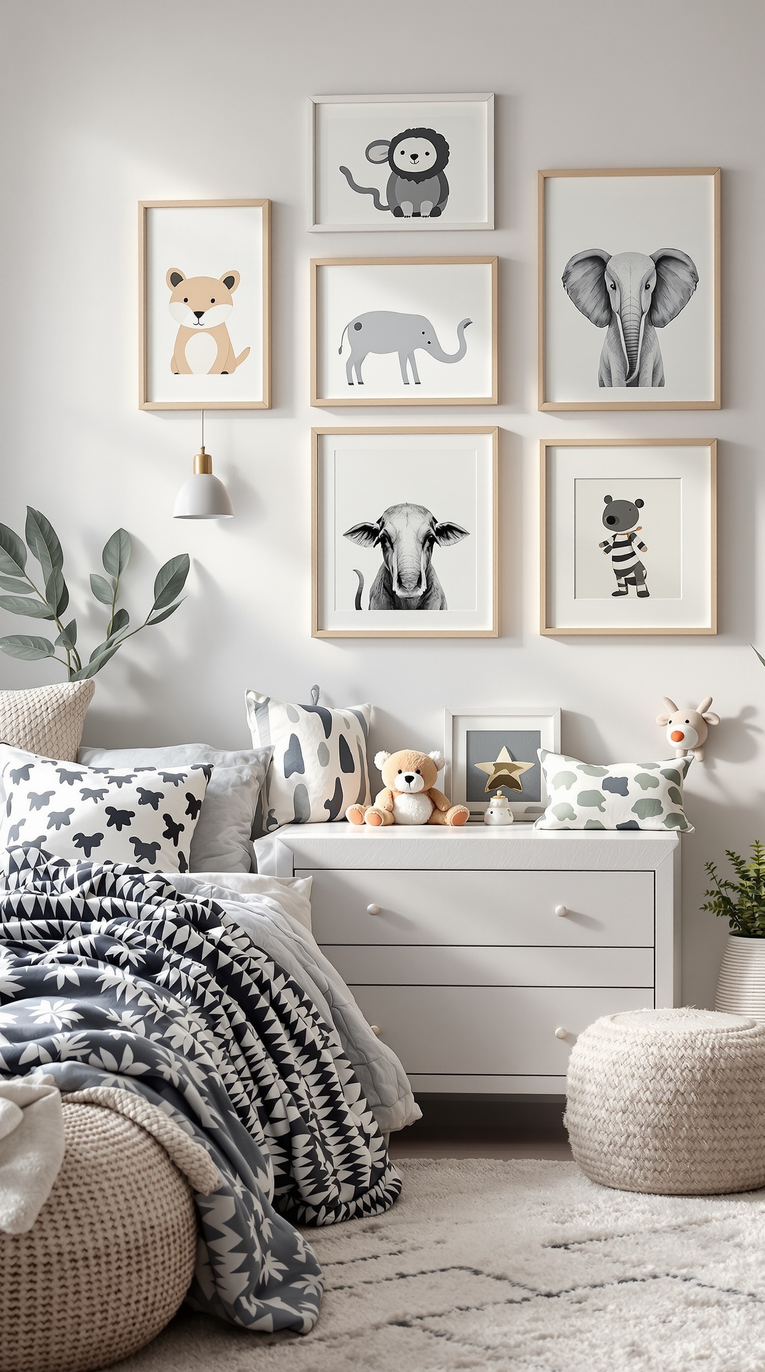 A toddler's bedroom with animal-themed accessories, including framed animal art, cozy bedding, and plush toys.