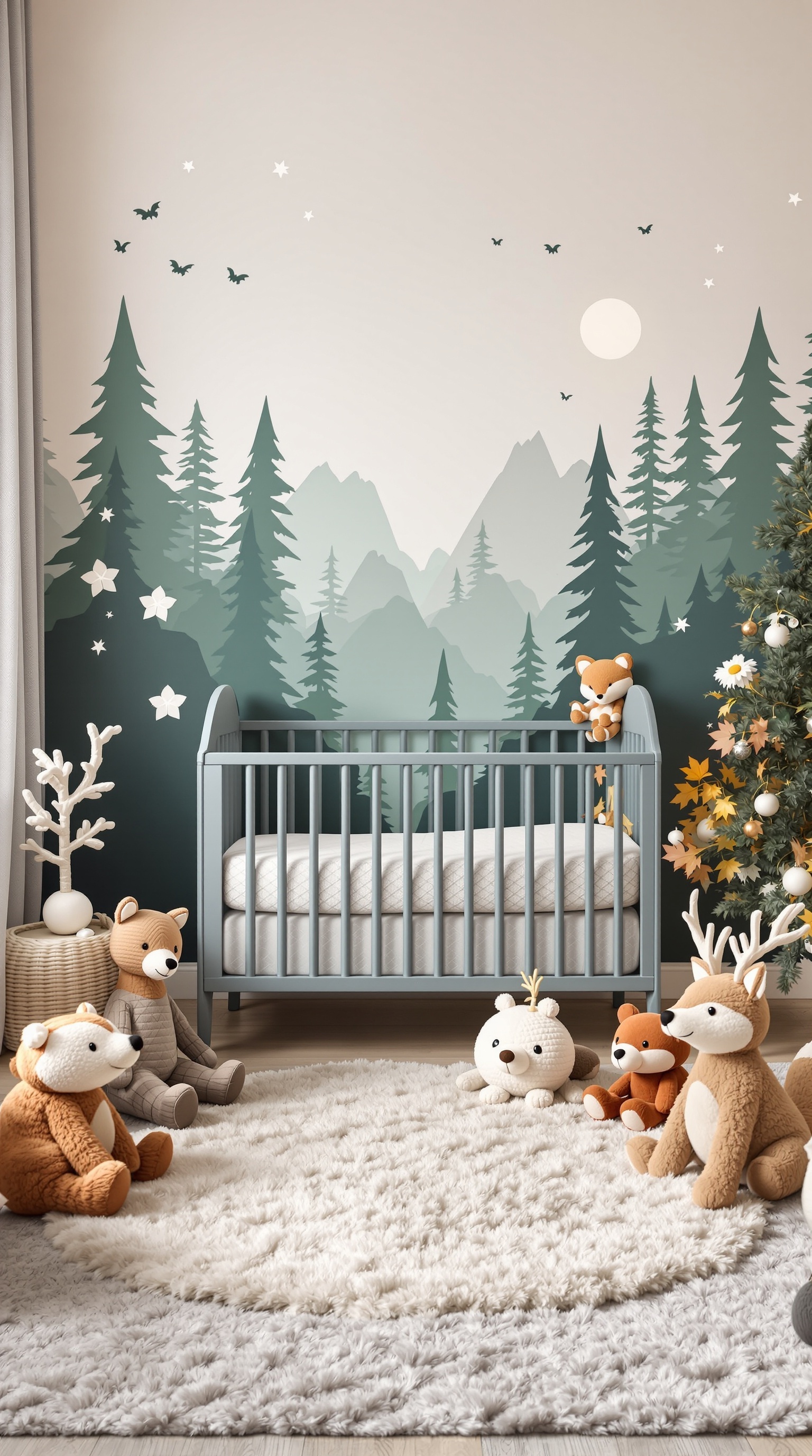 A cozy forest-themed baby room with a crib, plush animal toys, and a mural of trees and mountains.