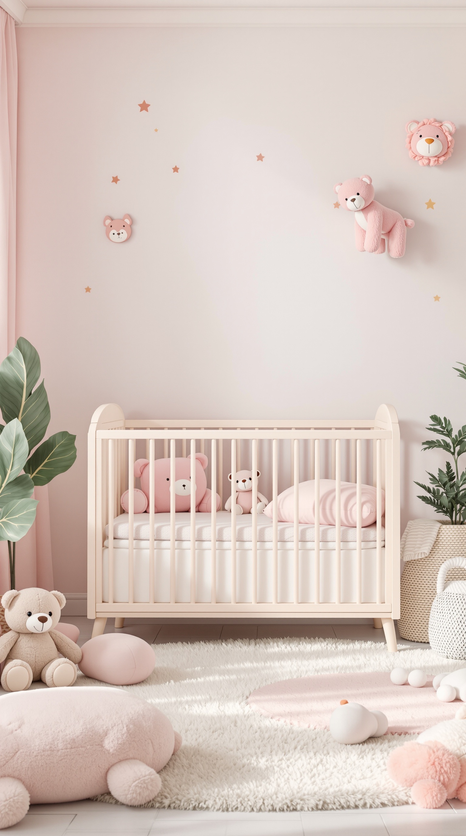A cozy baby girl bedroom with pink walls, a crib, and adorable animal decor including plush toys and wall art.