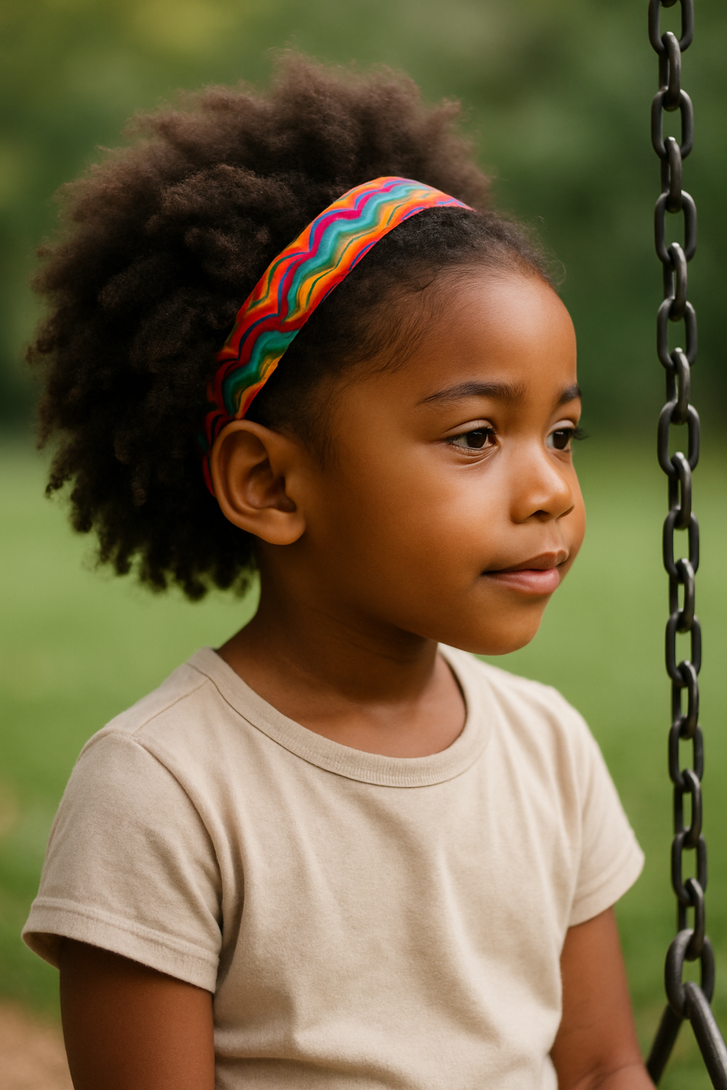 A young girl with natural curls wearing a colorful headband, sitting on a swing in a park.