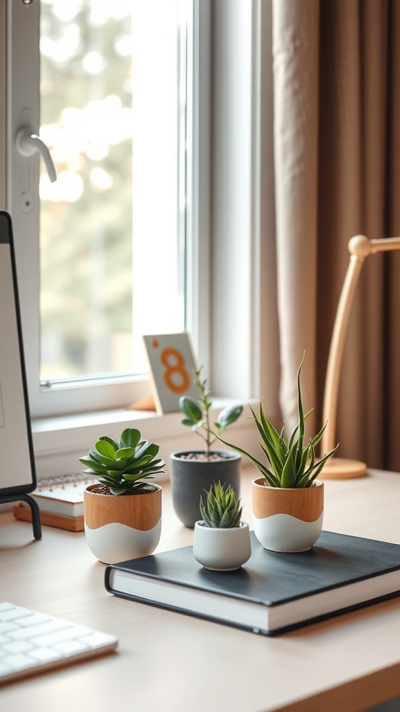 A desk with cute plant holders featuring small plants, a notebook, and a keyboard.