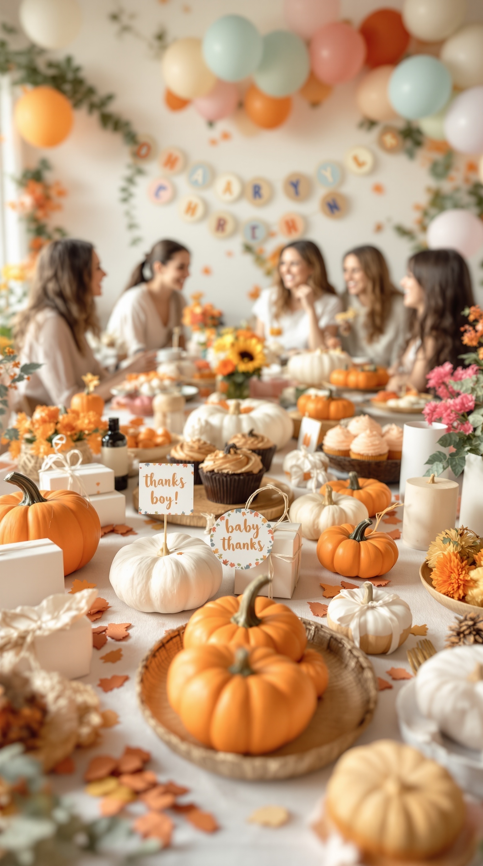 A beautifully decorated table for a pumpkin-themed baby shower, featuring mini pumpkins, treats, and colorful decorations.