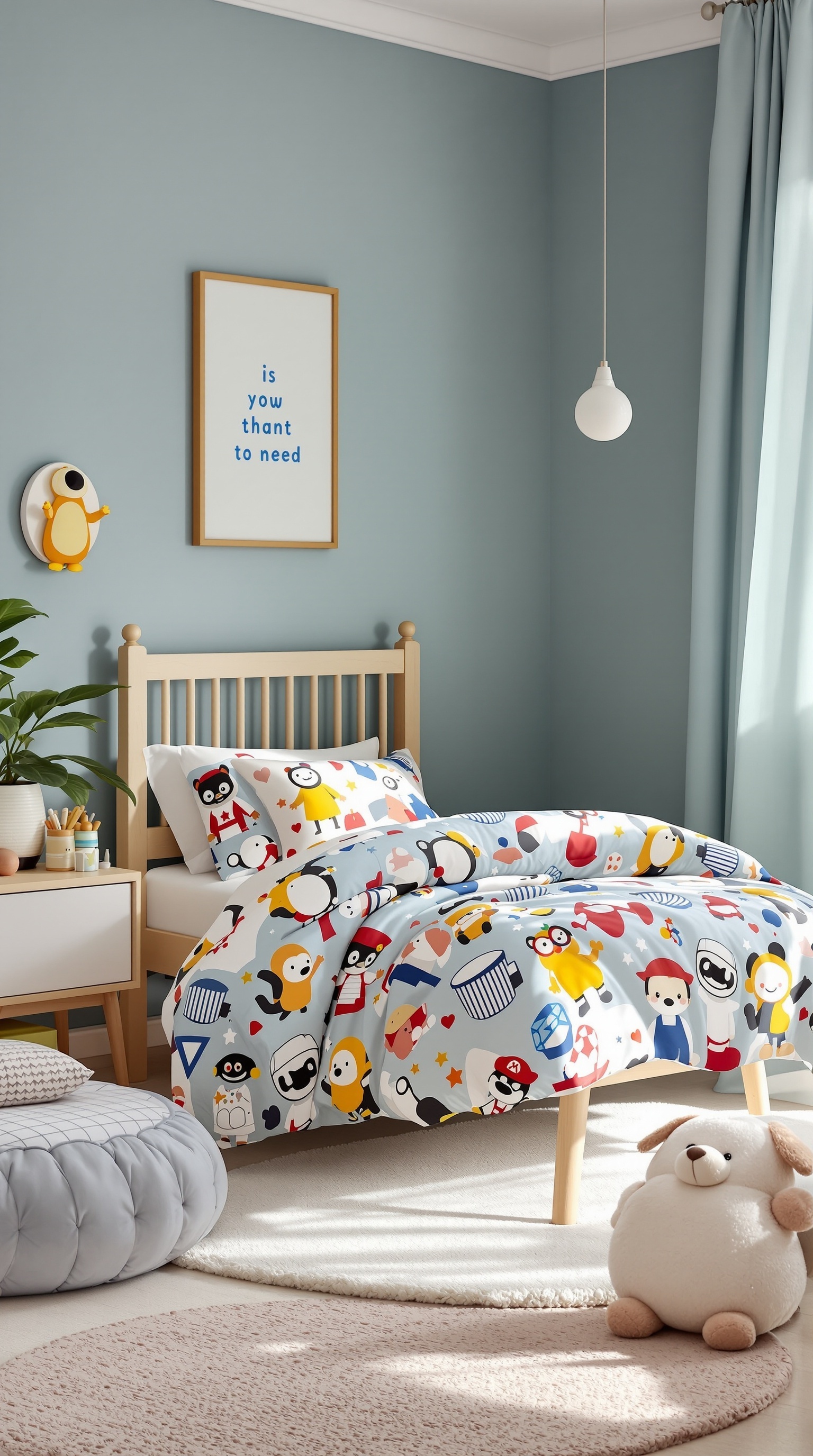 A toddler's room featuring colorful themed bedding with playful characters, a cozy bed, and a stuffed animal.