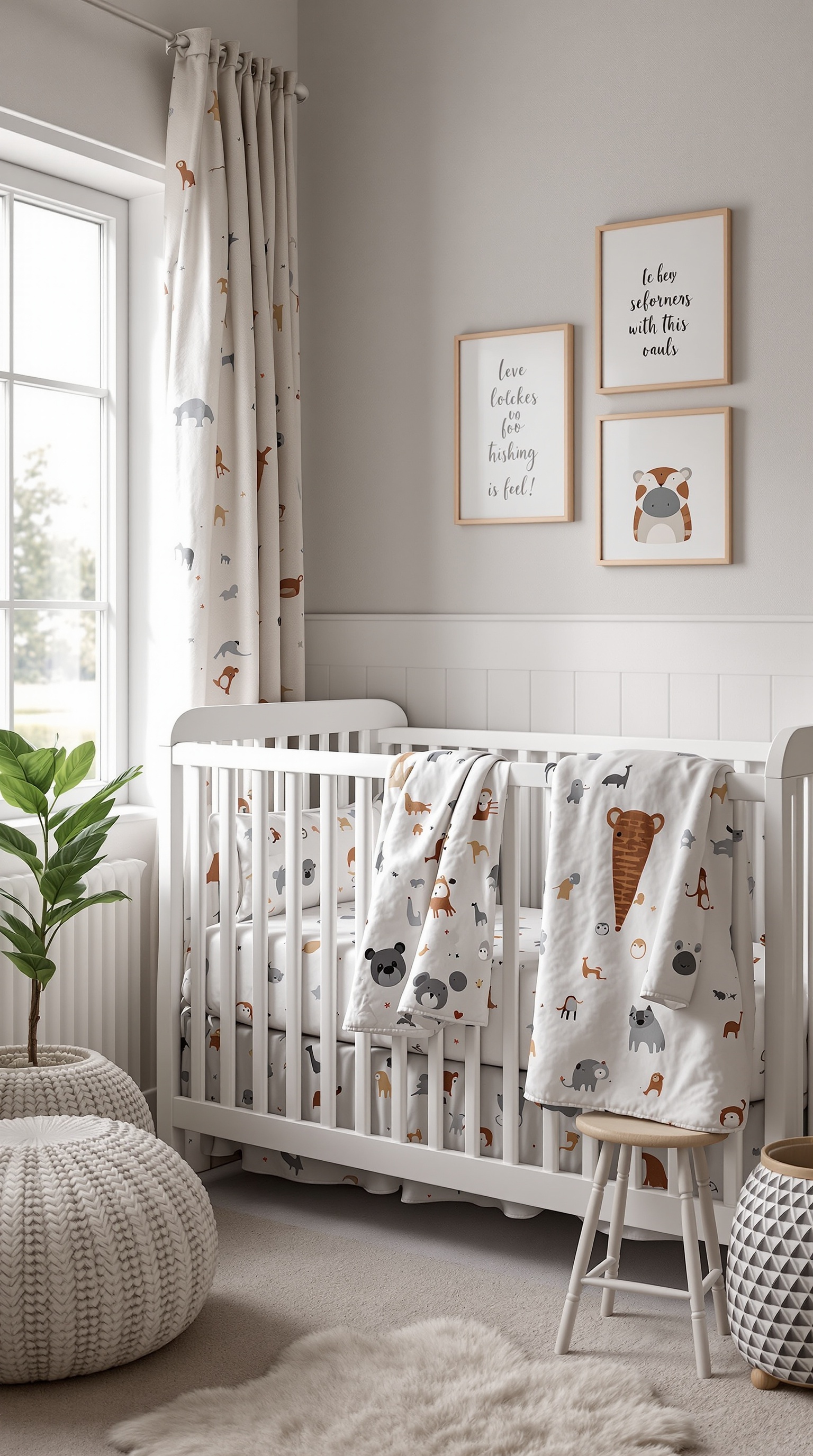 A cozy baby room with themed bedding featuring animal prints, matching curtains, and playful wall art.