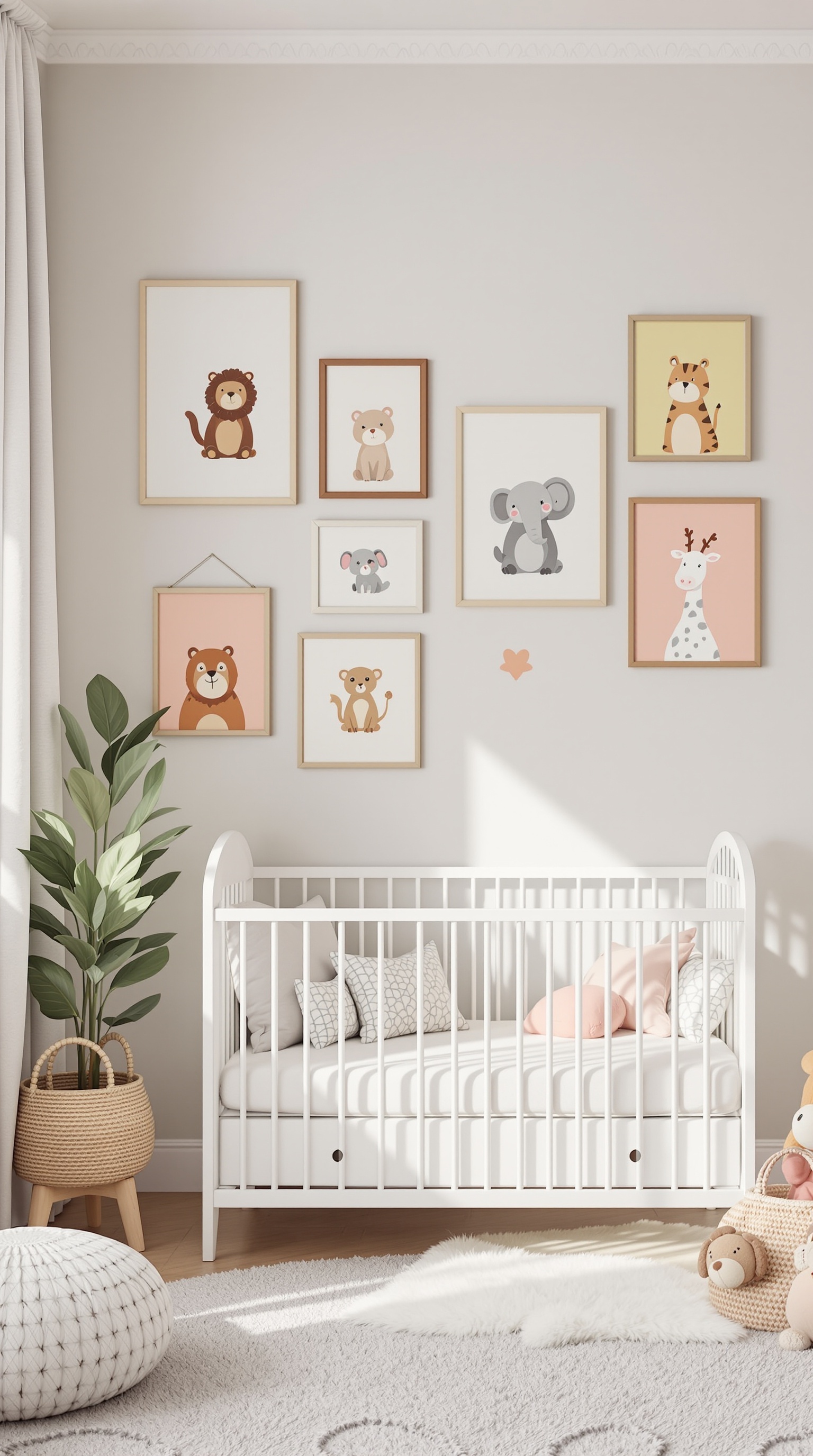 A baby room featuring a crib and adorable animal wall art.