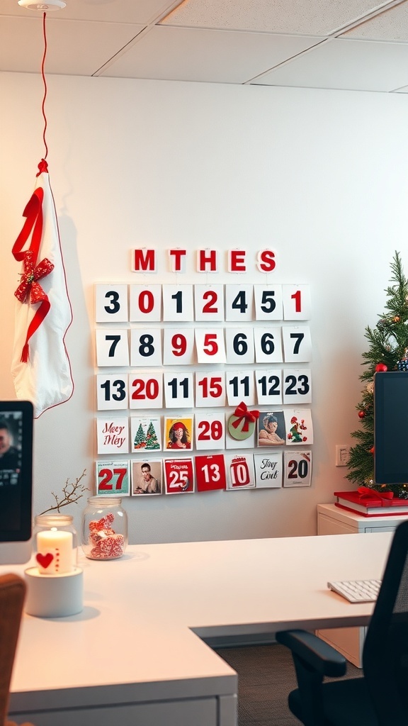 A colorful advent calendar on a wall with numbers and festive images, counting down to Christmas.