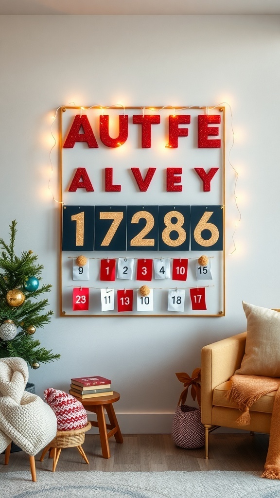 A colorful Advent calendar with numbers and lights, decorated for Christmas.