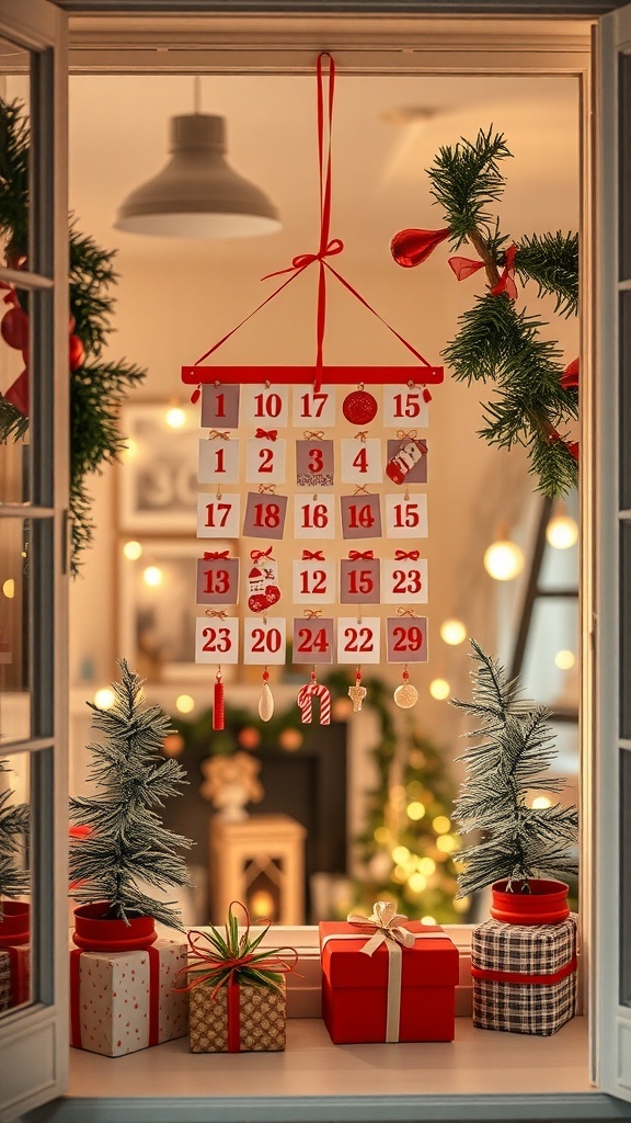 A festive Advent calendar displayed in a window, surrounded by Christmas decorations and gifts.