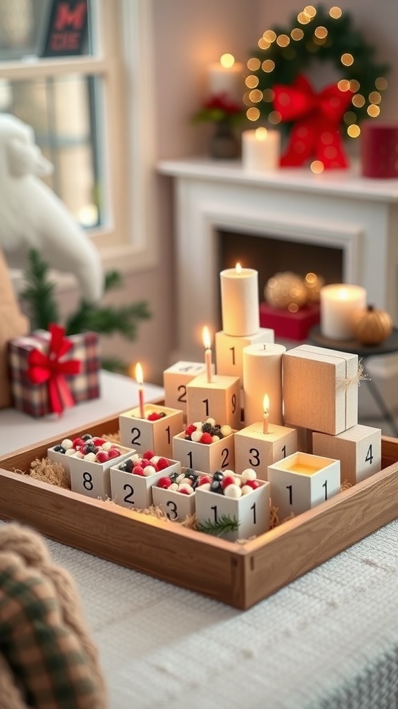 A festive advent calendar tray with numbered boxes filled with treats and candles, creating a cozy holiday atmosphere.