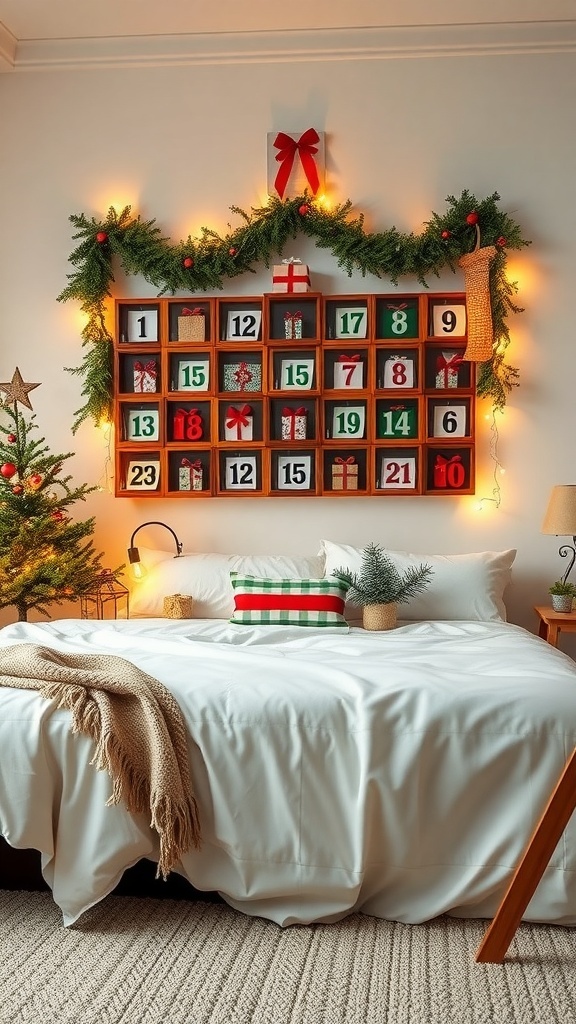 A festive Advent calendar wall art decorated with greenery and lights, featuring colorful gifts in each compartment.