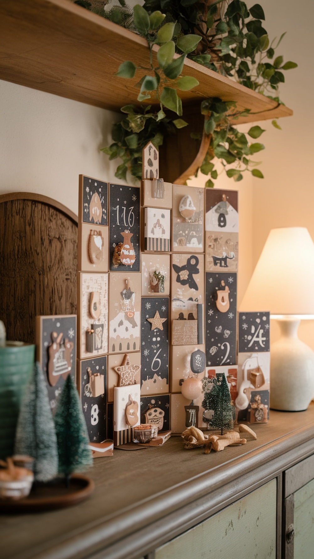 A decorative advent calendar with various designs, surrounded by small trees and a warm lamp.