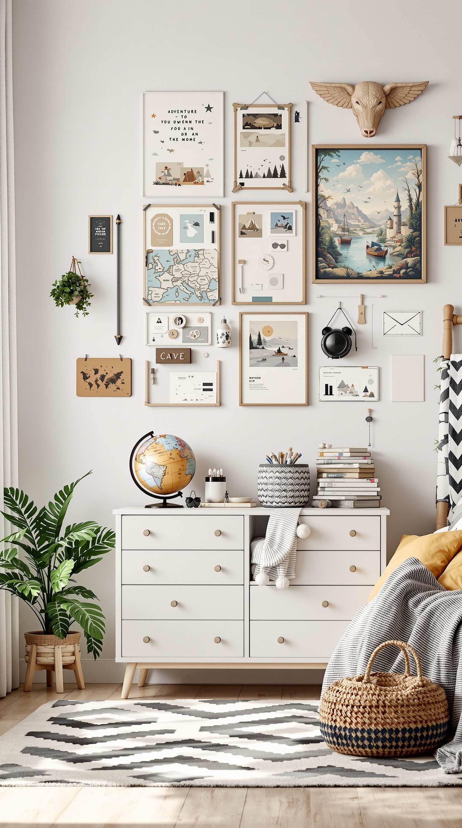 Eclectic kids room with adventure-themed accessories, including a globe, wall art, and plants.