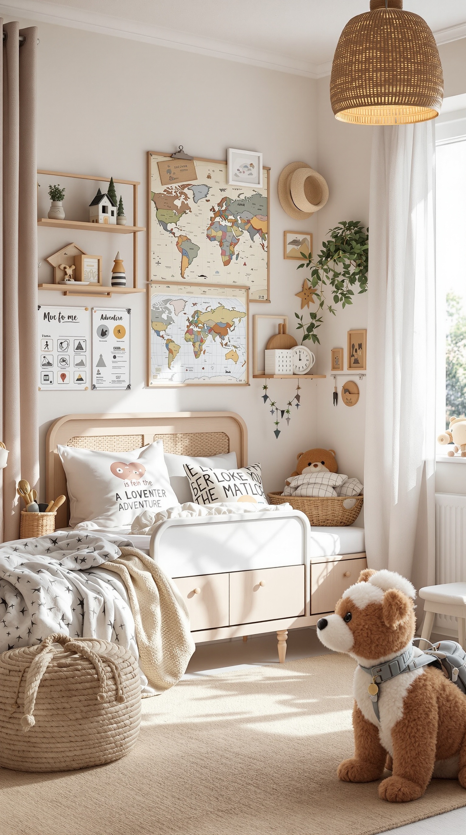 A cozy toddler girl's bedroom with adventure-themed decor, featuring a world map, playful pillows, and natural materials.