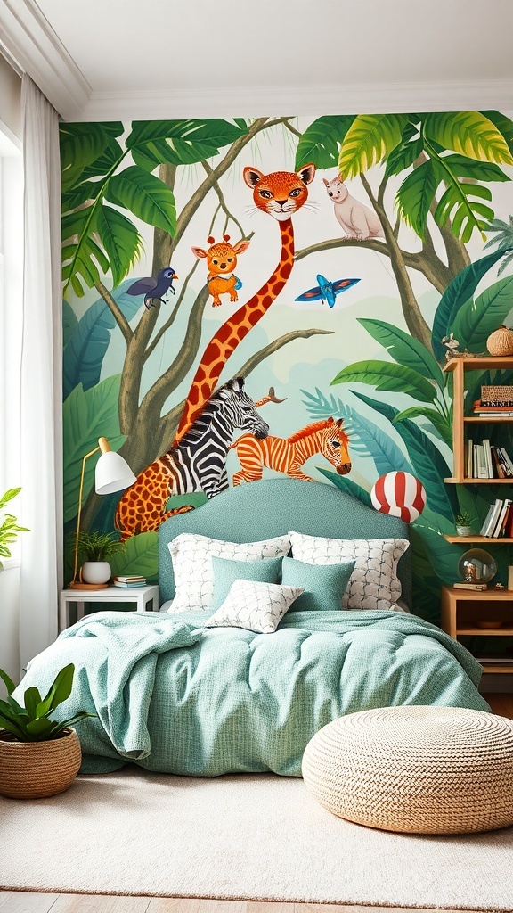 A children's bedroom featuring a colorful wall mural with animals like a giraffe, zebra, and birds, surrounded by green foliage.
