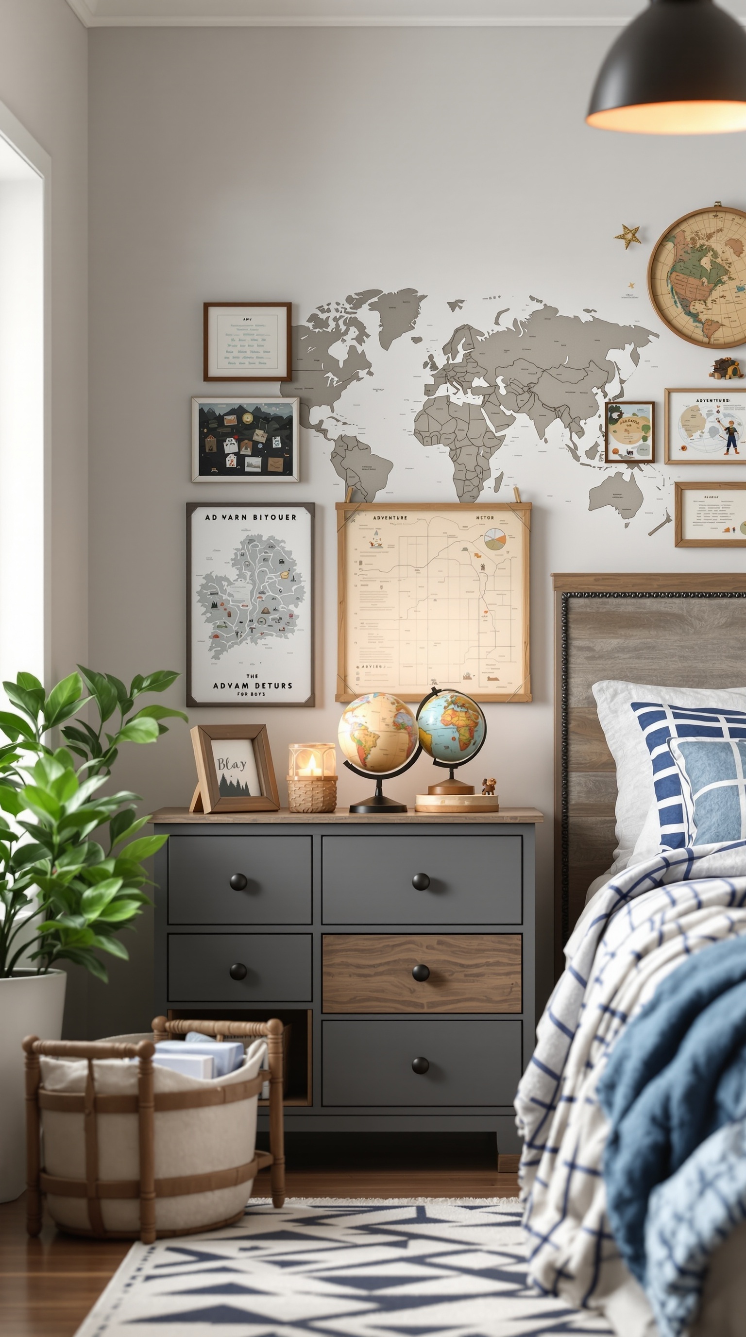 A boys' room with adventure-themed decor featuring a world map, globes, and cozy bedding.