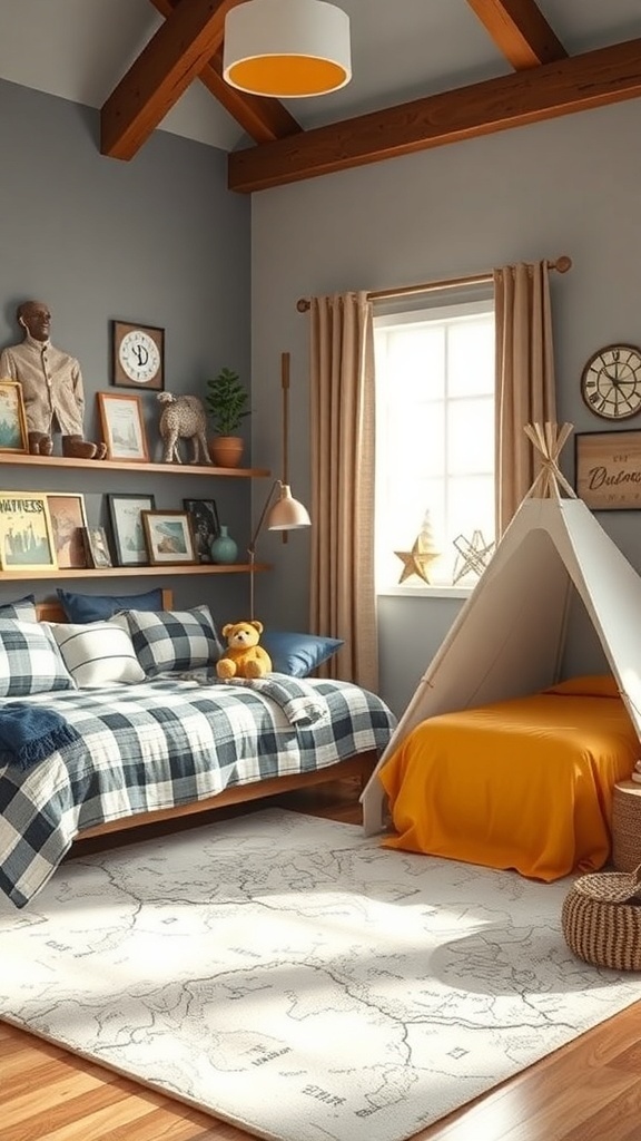 A cozy boys bedroom with adventure-themed decor, featuring a plaid bedspread, a teepee, and a map-patterned rug.