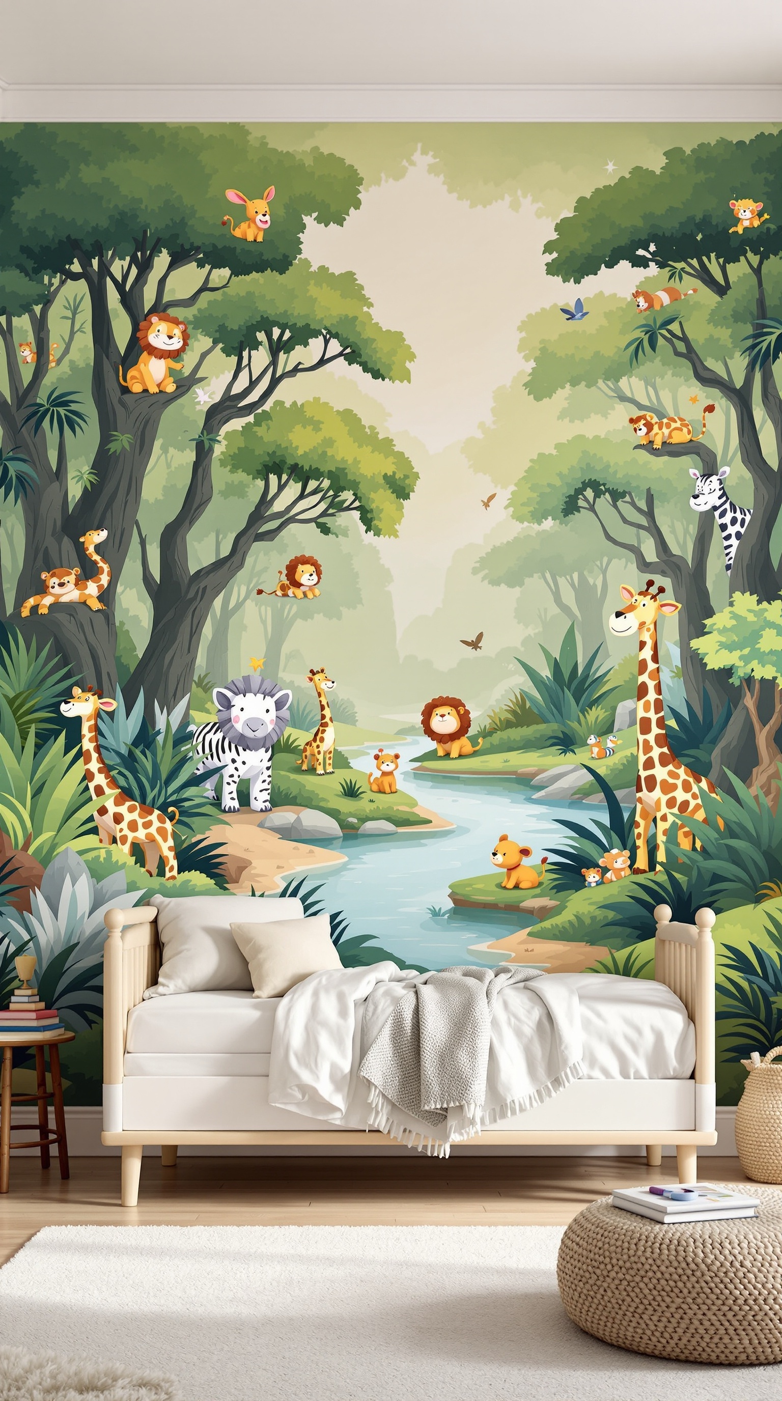 A vibrant jungle-themed wall mural featuring playful animals like lions and giraffes, with a serene river in a toddler's bedroom.
