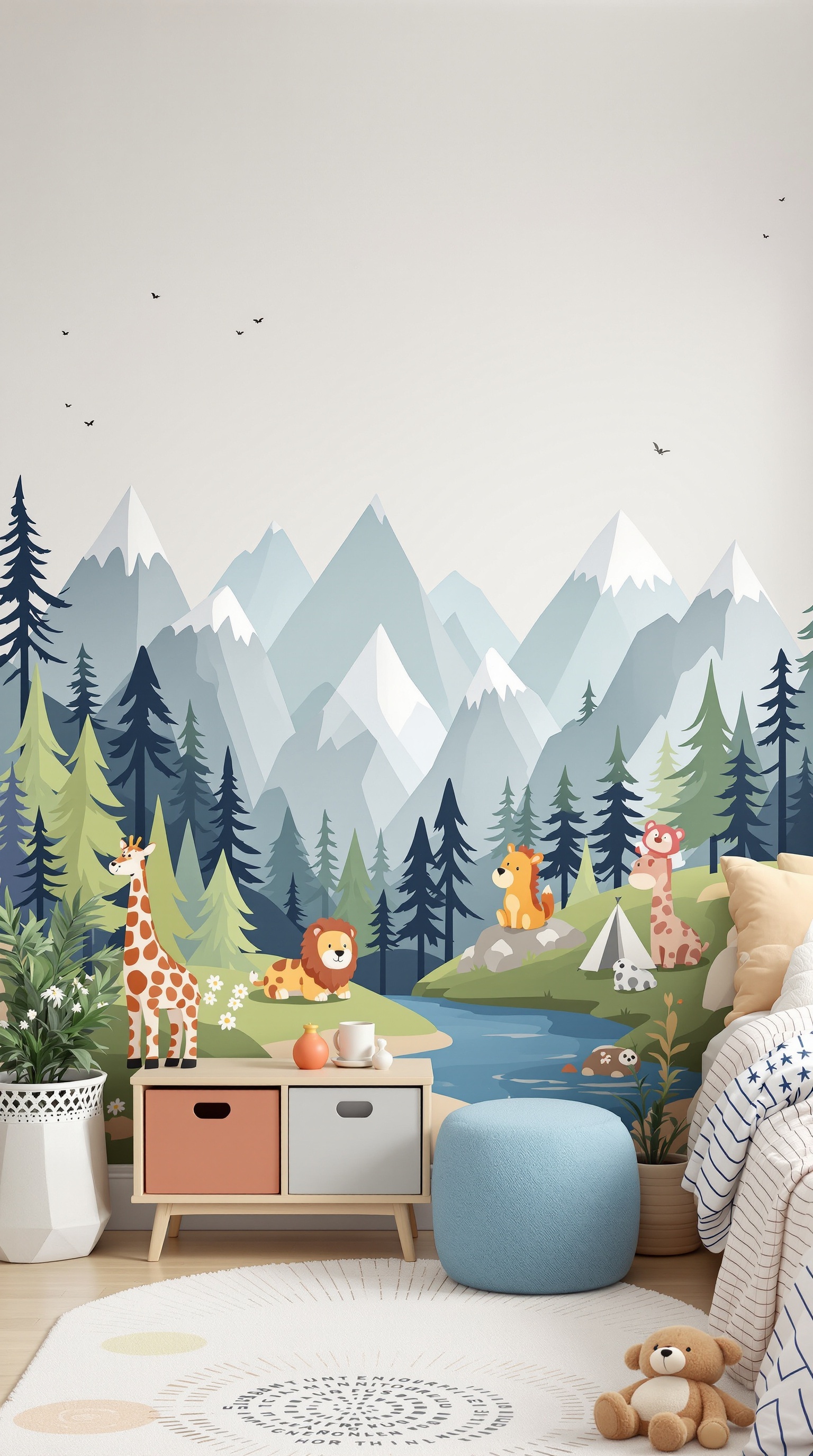 A colorful wall mural featuring animals like a lion and giraffe in a mountainous landscape, designed for a toddler's room.