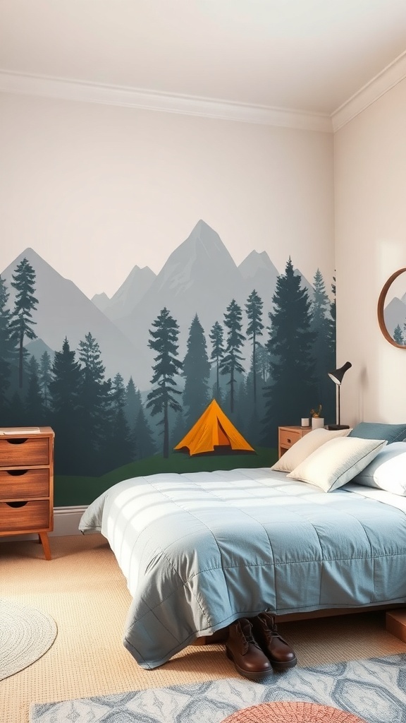 A boy's bedroom with an adventure-themed wall mural depicting mountains and a tent.