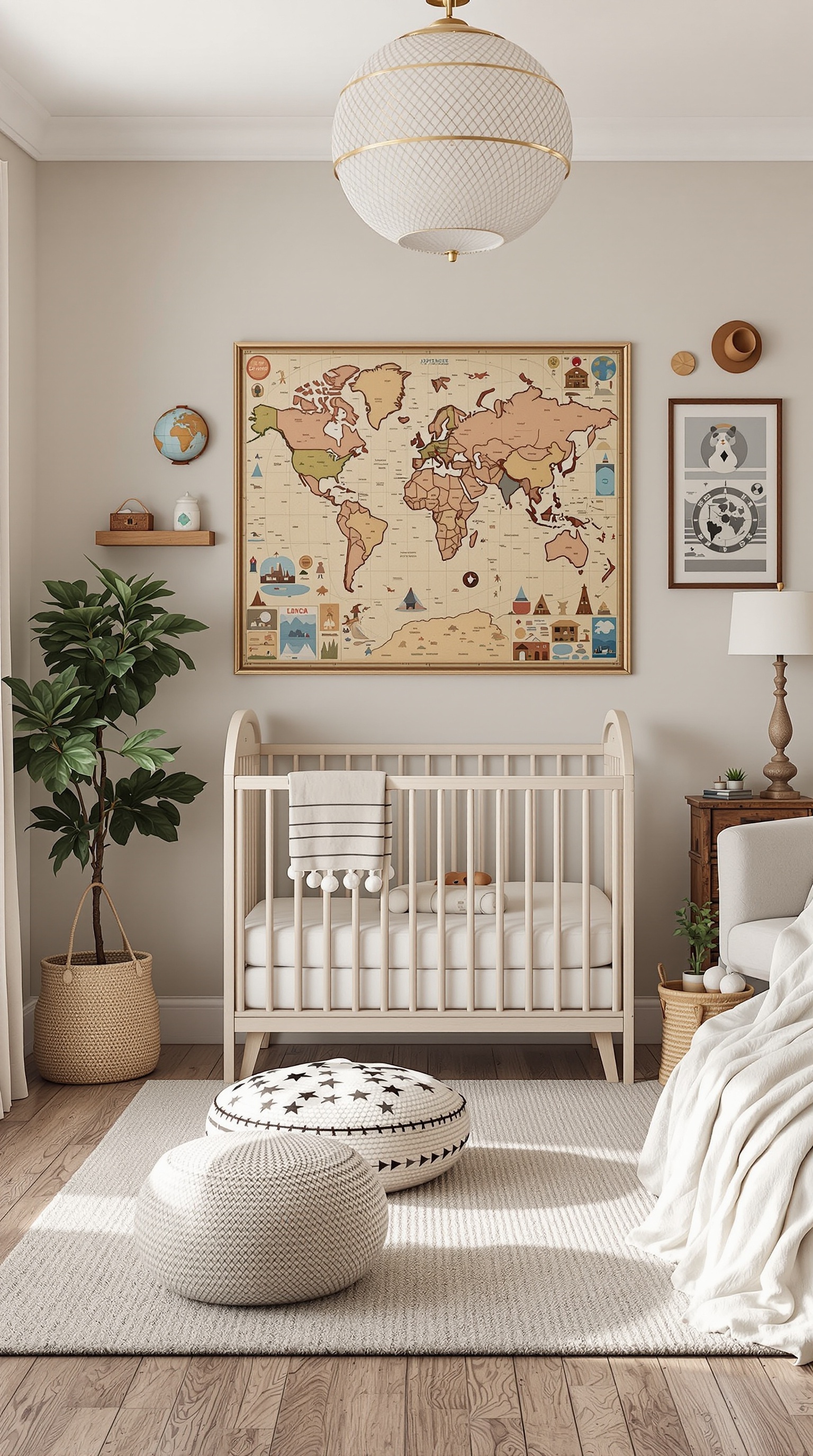 A cozy nursery with a world map on the wall, a crib, and playful decor.
