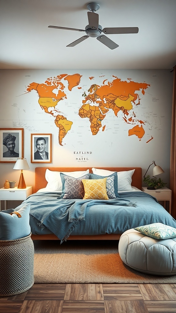 A cozy bedroom featuring a large world map on the wall, warm bedding, and personal photographs.