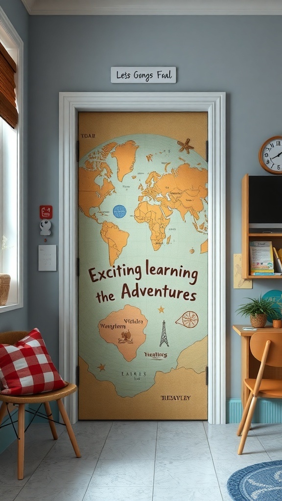 A classroom door decorated with a world map and the phrase 'Exciting learning the Adventures'.