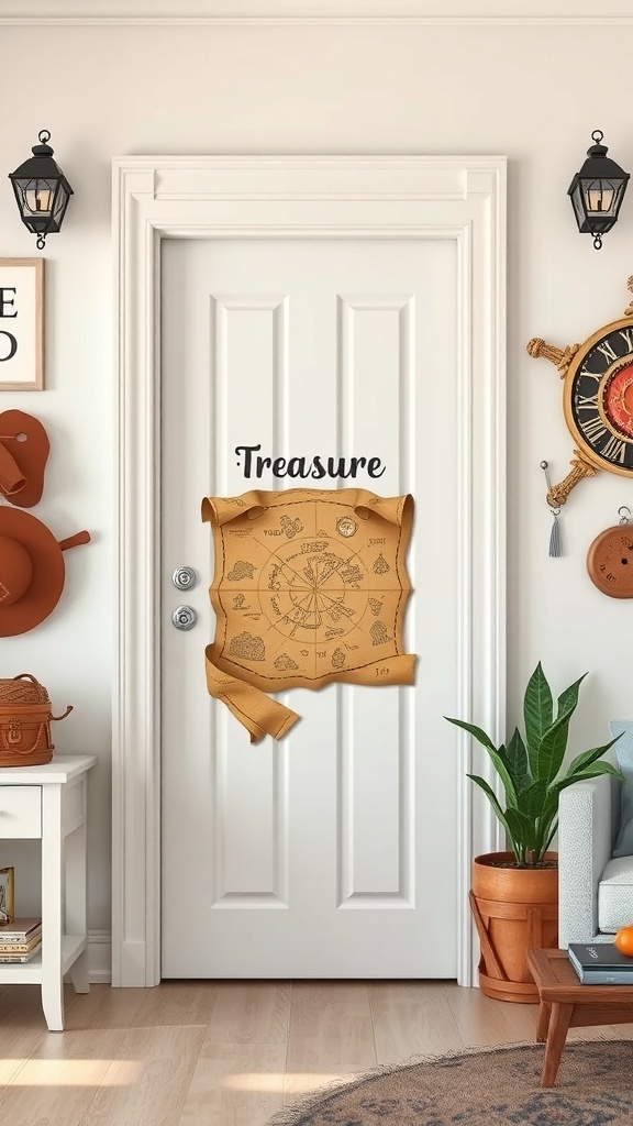 A classroom door decorated with a treasure map and the word 'Treasure' on it.
