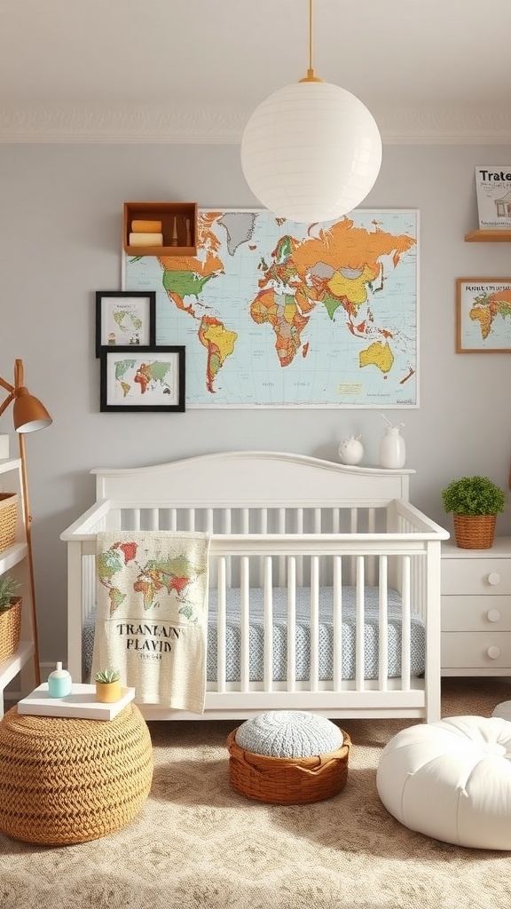 A nursery designed with an Adventure Awaits theme, featuring a world map, a white crib, and cozy seating.