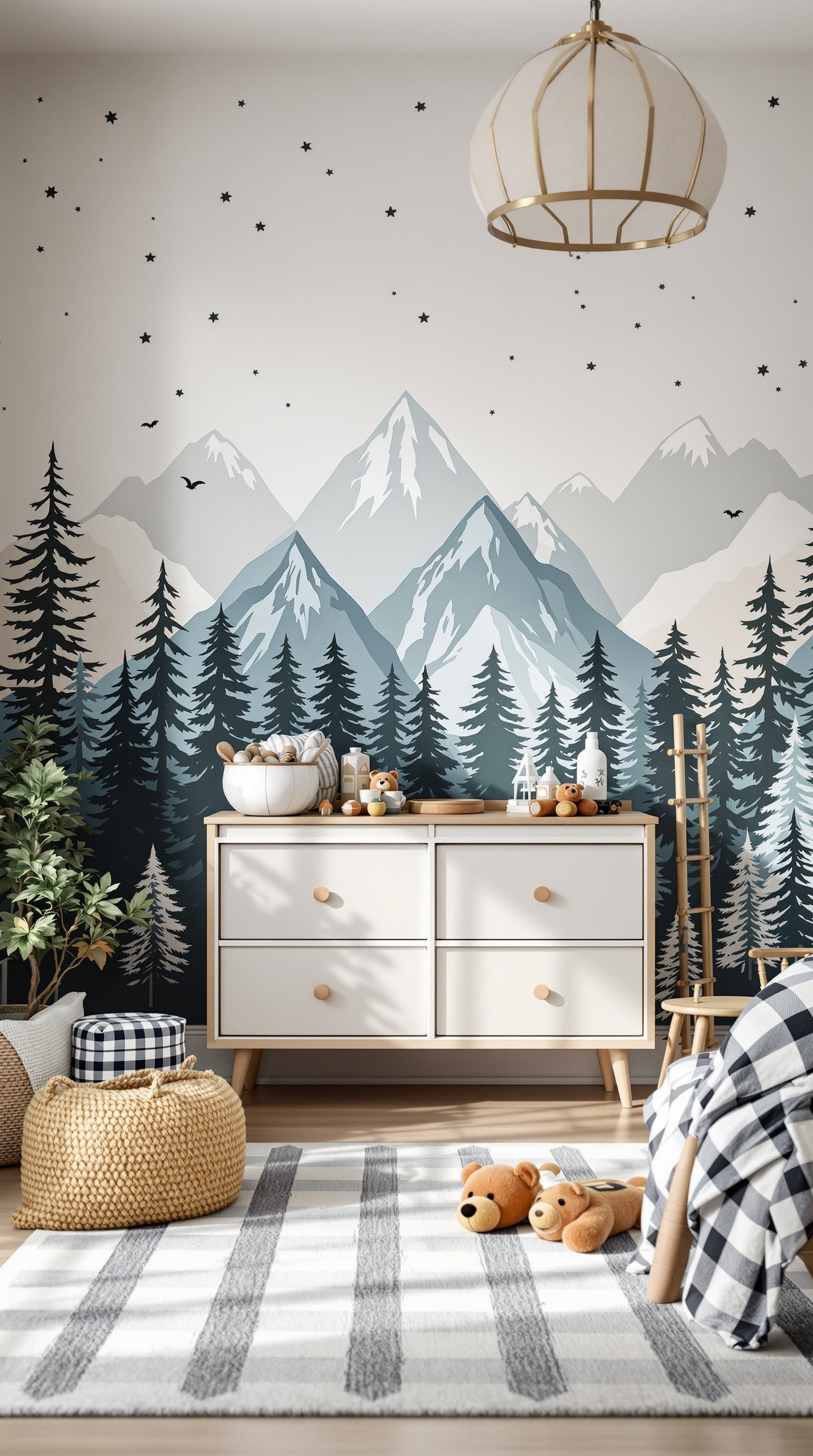 A baby boy's room decorated with a mountain mural, featuring a white dresser, teddy bears, and a cozy rug.