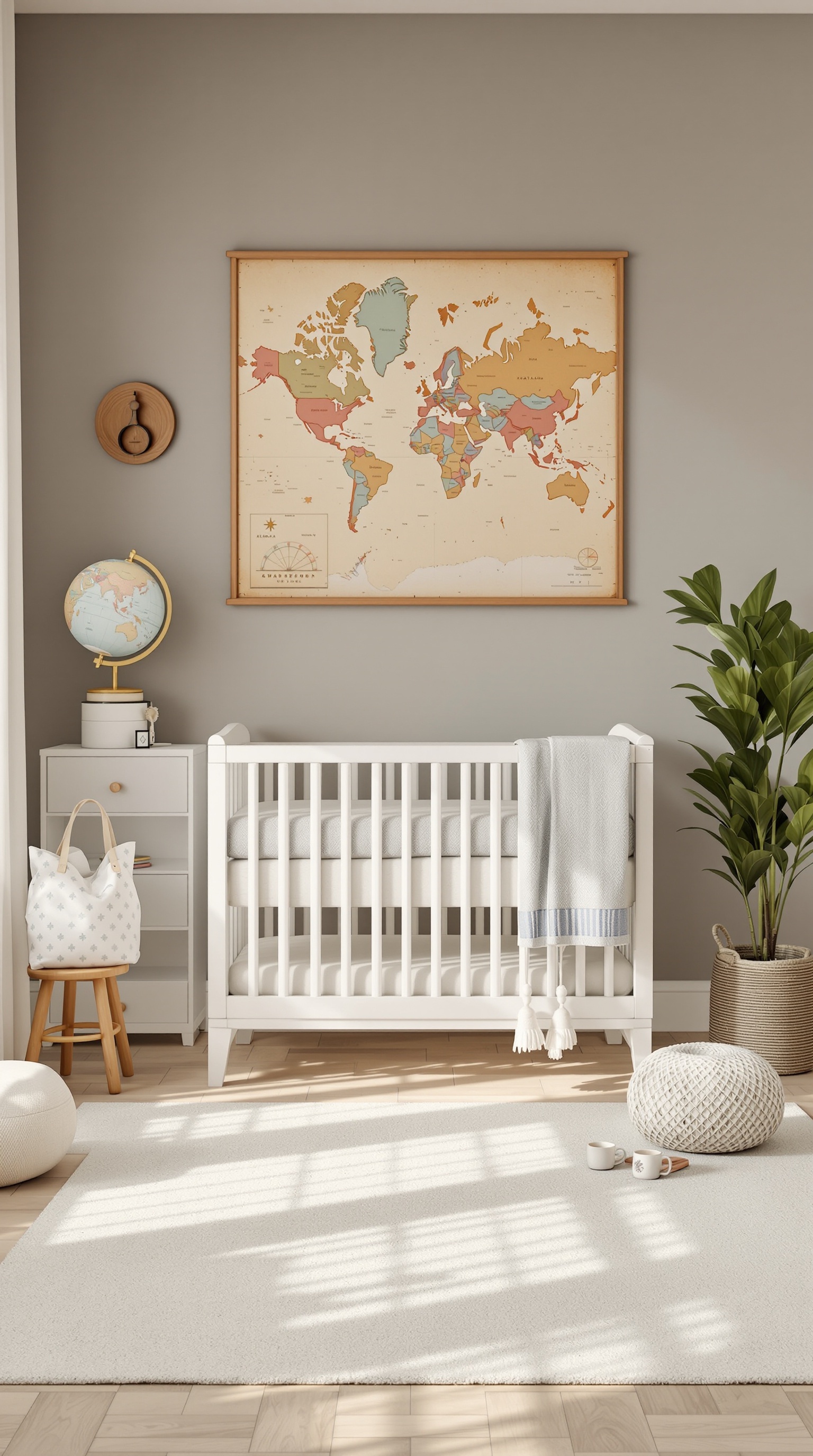 A travel-themed nursery for a baby boy featuring a world map, globe, and white crib.