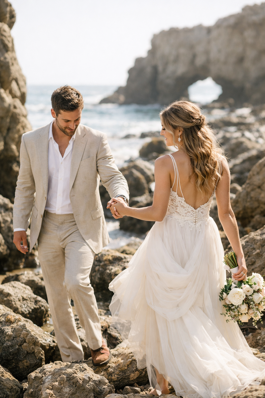 A couple walking on rocks by the ocean, the bride in a flowing dress and the groom in a light suit.