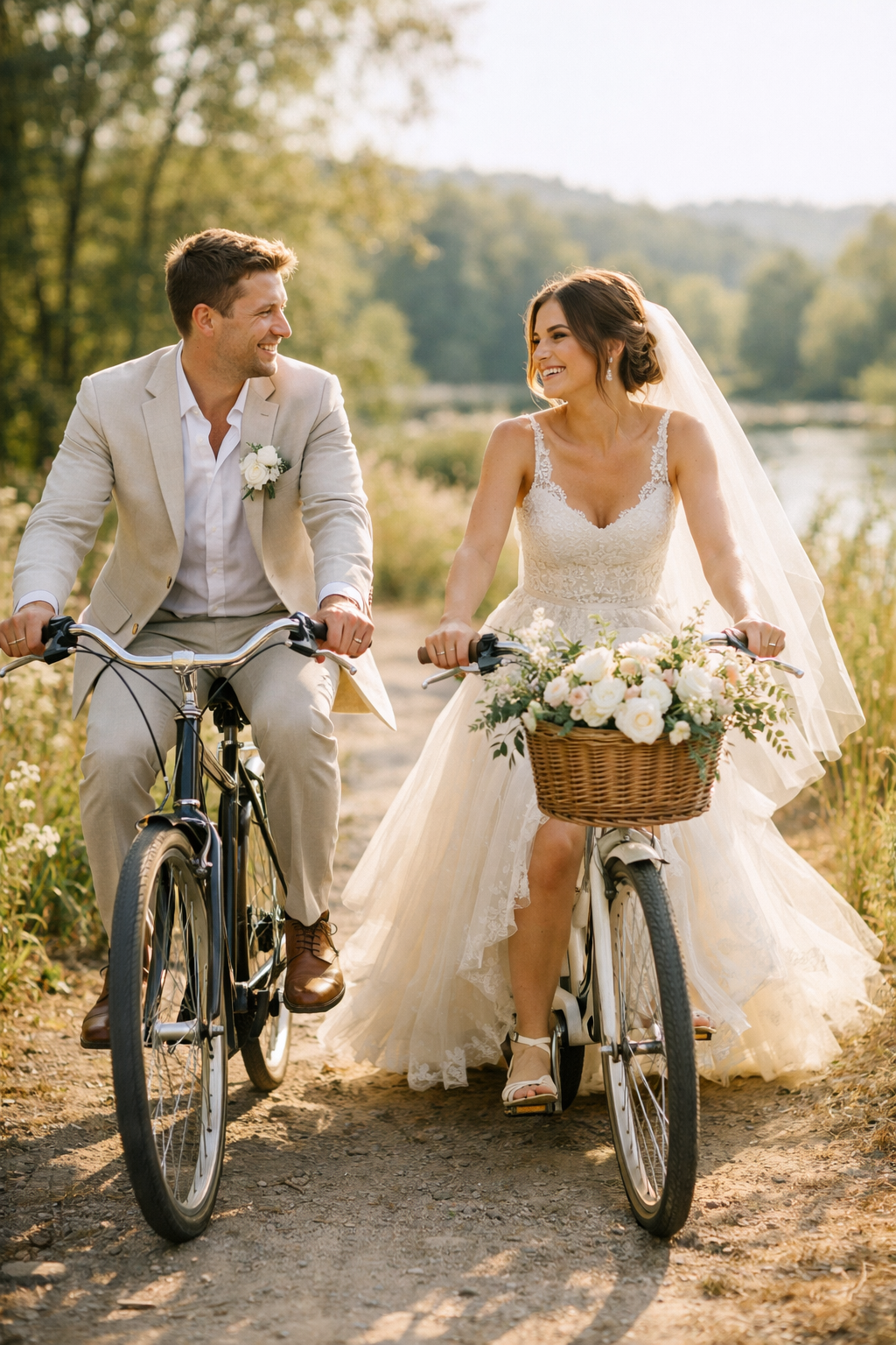 A couple riding bicycles on a nature path, with the bride in a wedding gown and the groom in a light suit.