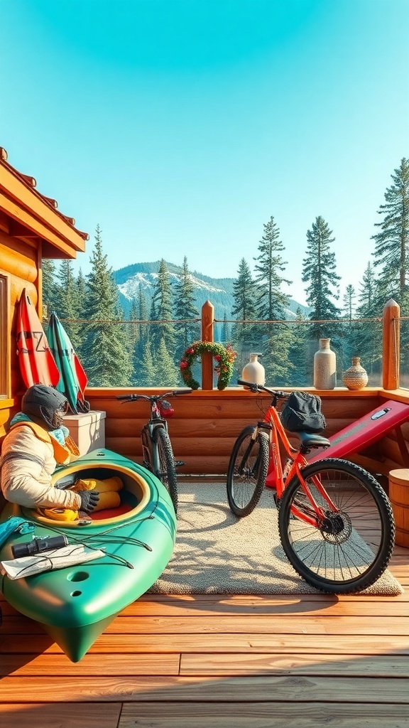 A cozy cabin with a kayak and bicycles on a wooden deck, surrounded by trees and mountains.