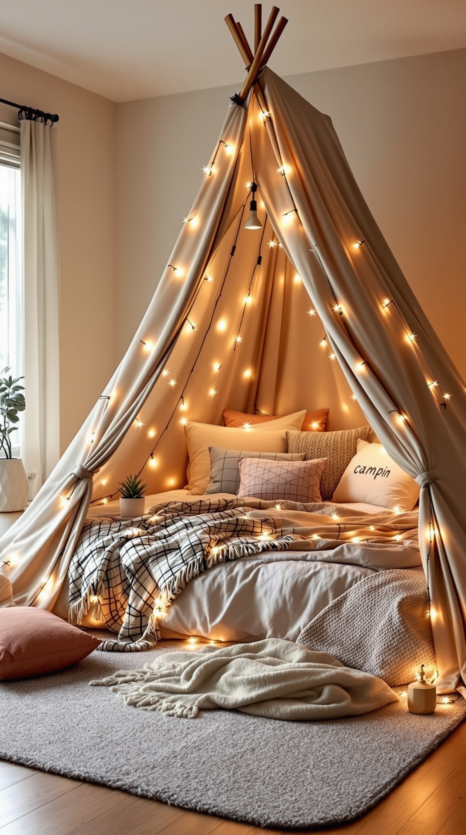 Cozy adventure tent bed with lights and pillows