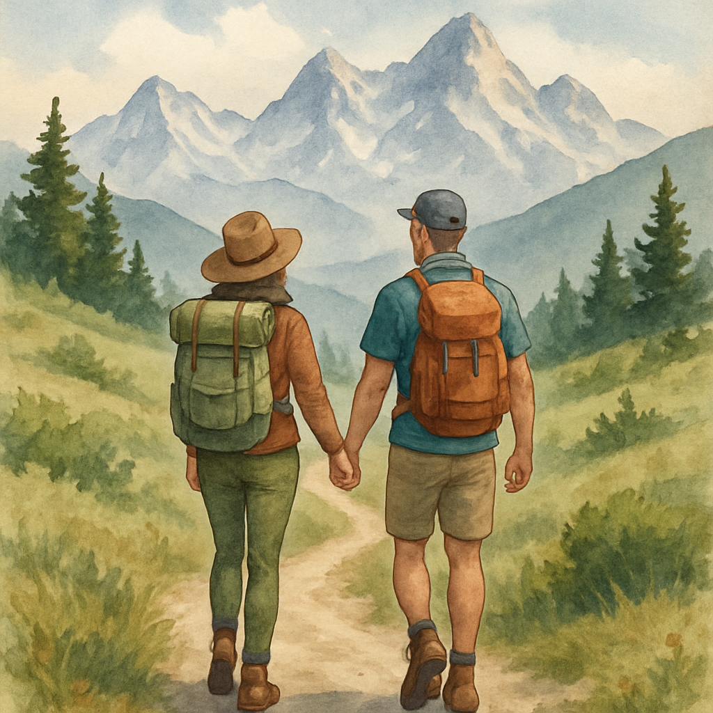 A couple hiking together, holding hands on a scenic mountain path.
