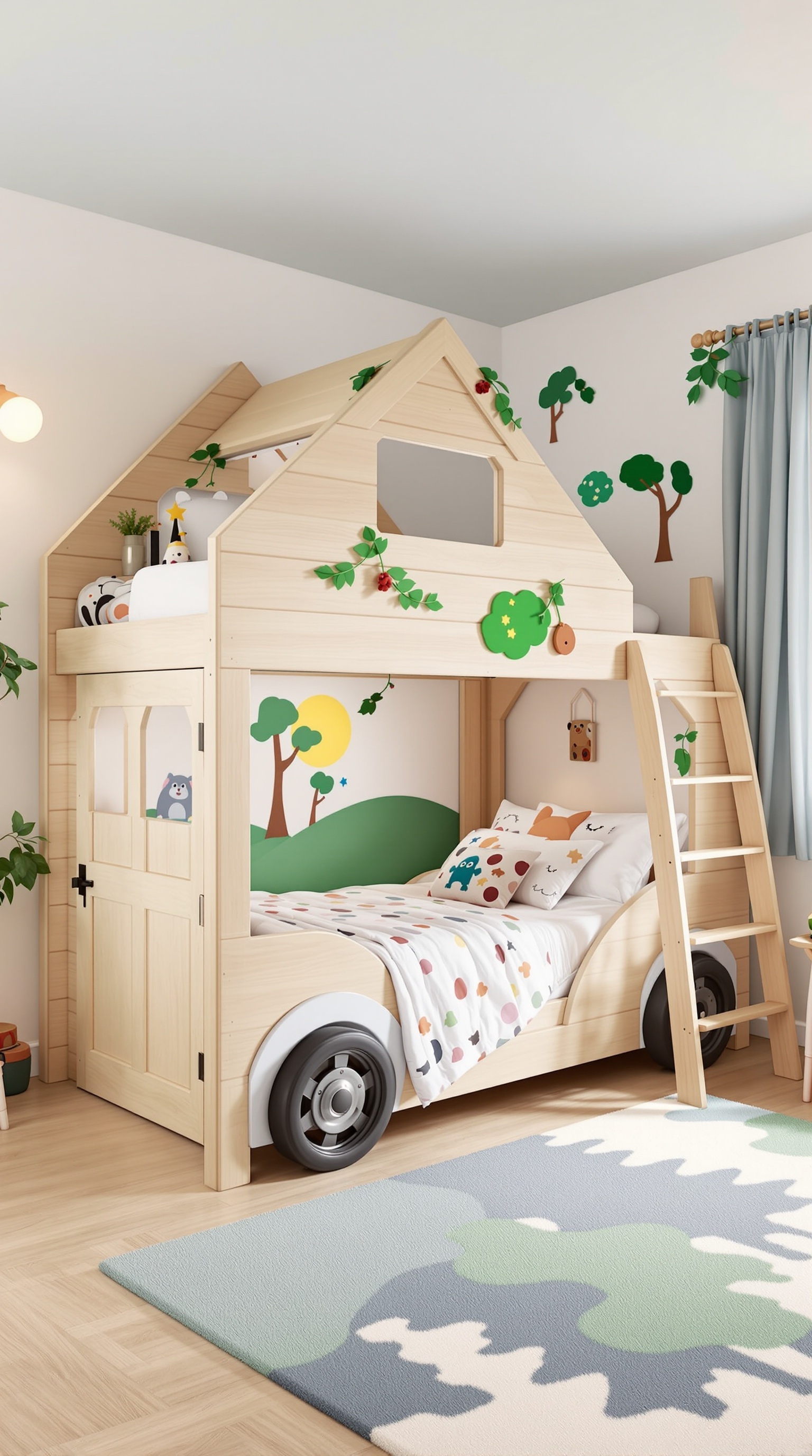 A children's room featuring a car-shaped bed with an upper sleeping area resembling a house.
