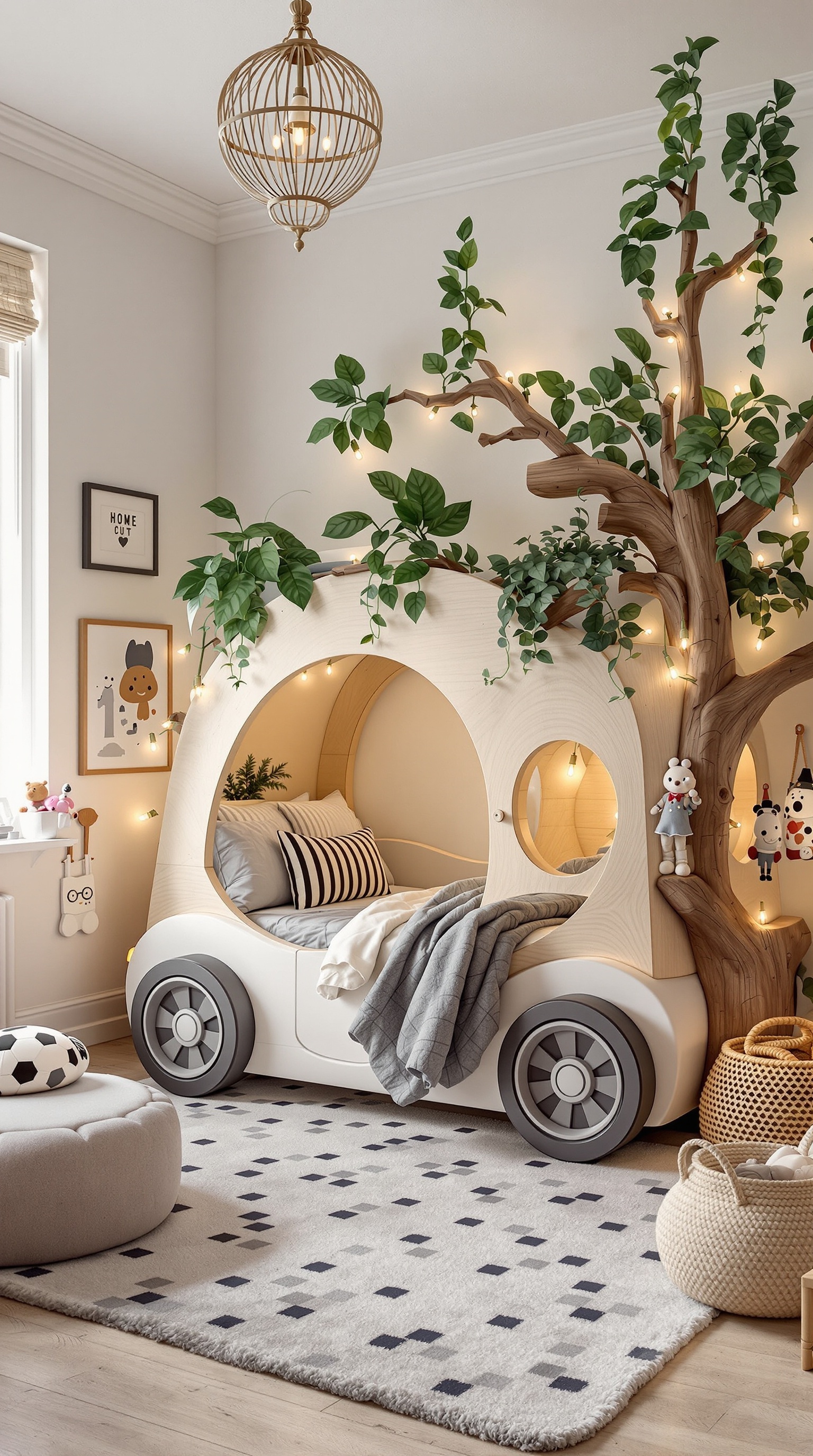 A toddler bedroom featuring a car-shaped bed under a tree with fairy lights, creating a cozy and playful atmosphere.