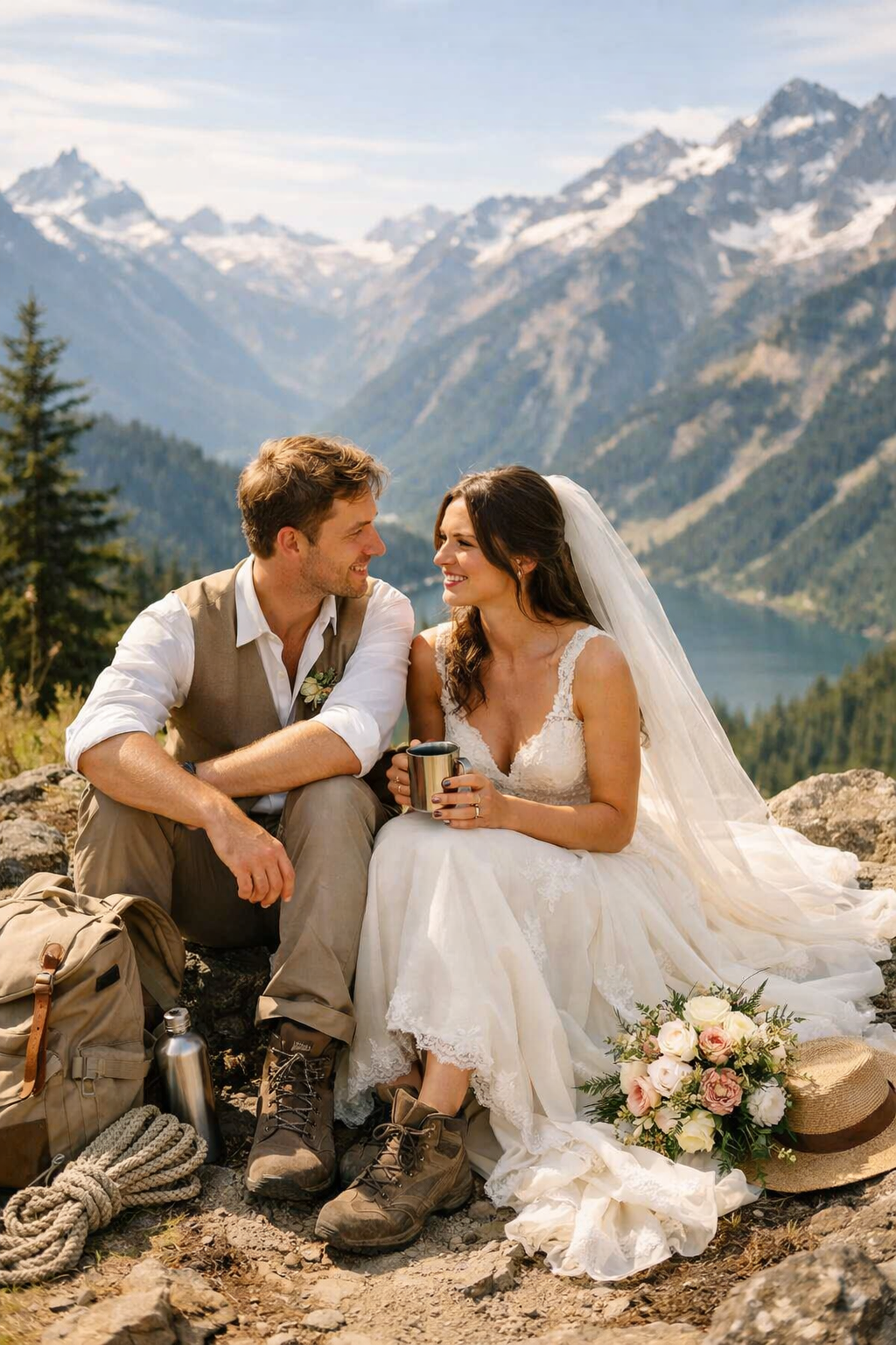 A couple sitting on rocks during a hike, smiling at each other with a mountain view in the background.