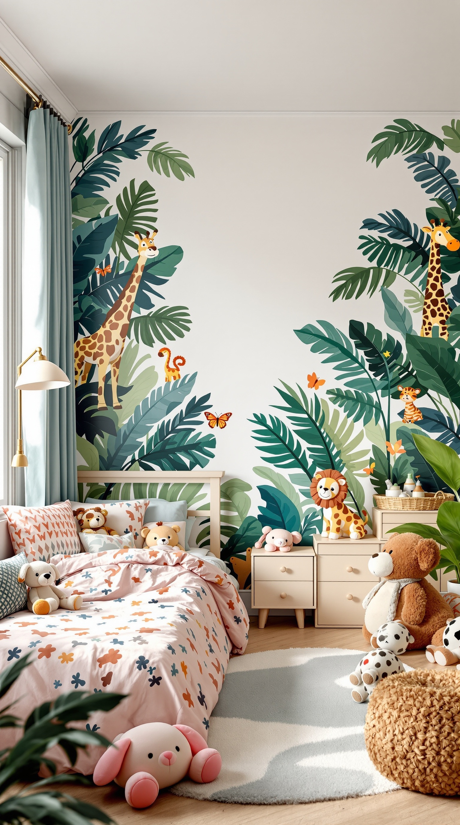 A toddler bedroom decorated with jungle safari theme, featuring animal murals, colorful bedding, and stuffed toys.