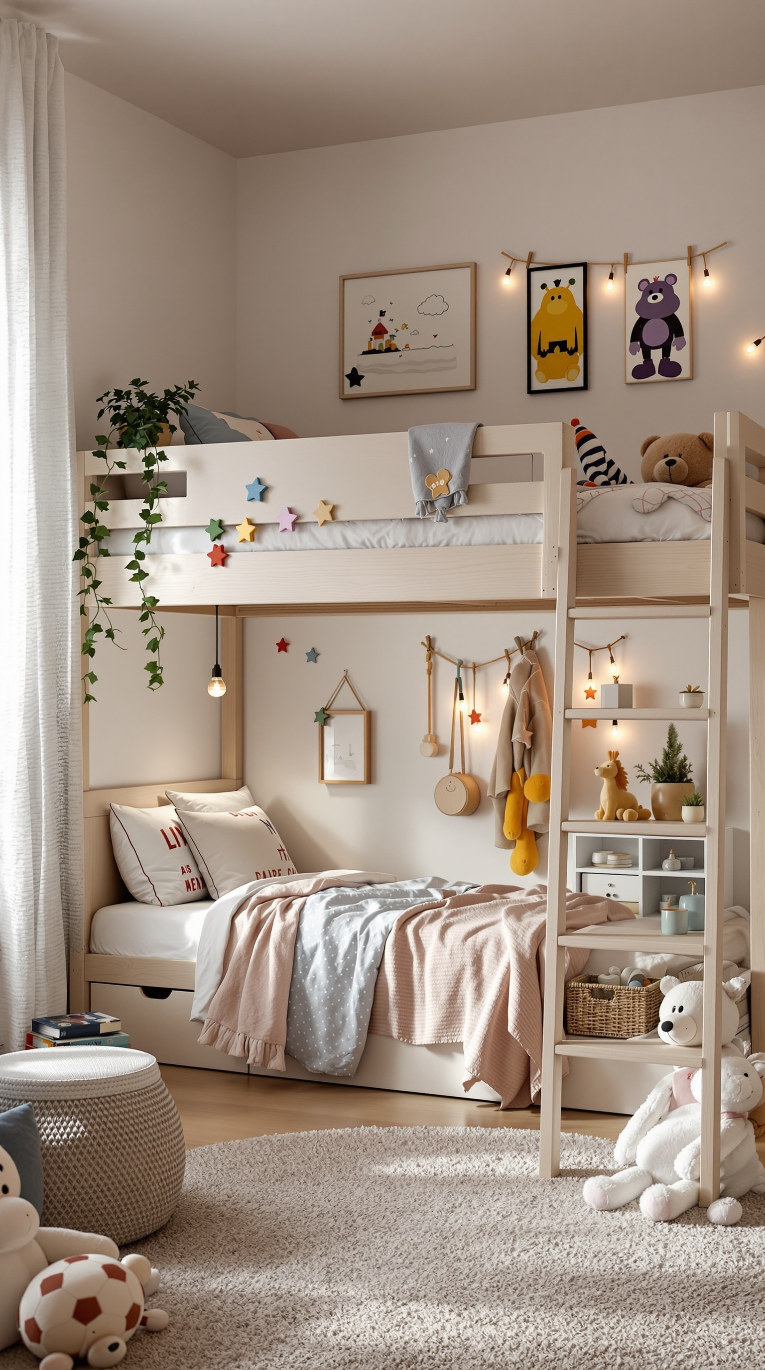 A cozy kids bedroom featuring a loft bed with colorful decorations and a play area underneath.