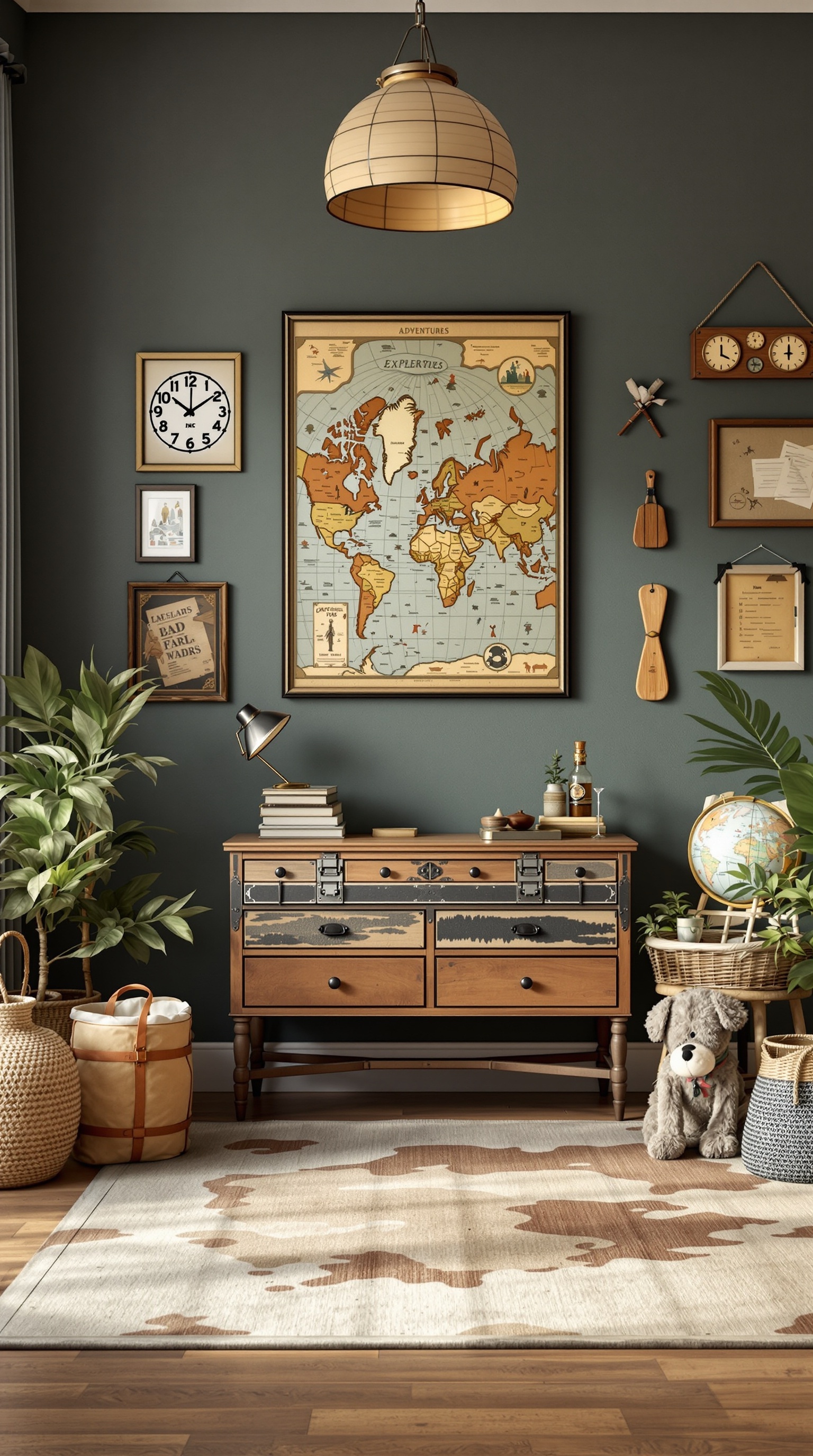 A vintage kids room featuring a world map, wooden dresser, plants, and playful decor.