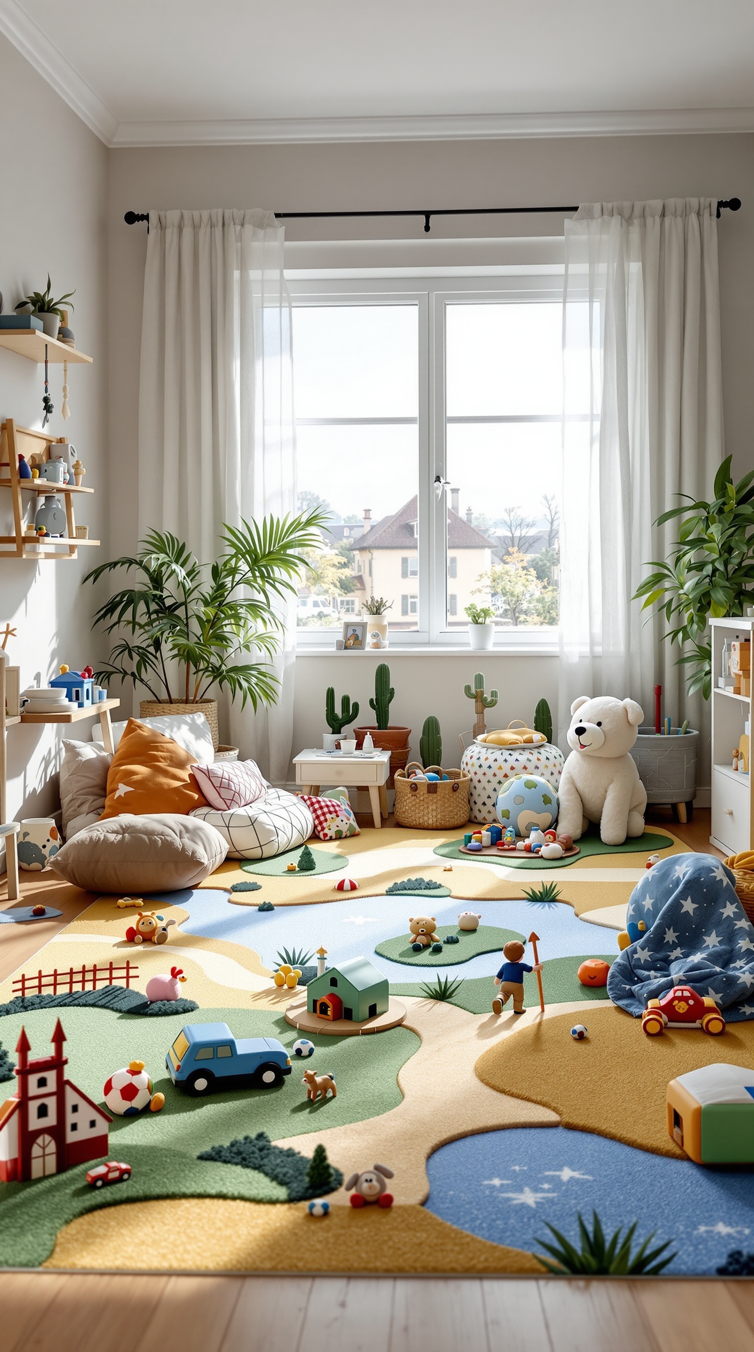 A colorful toddler room with a themed rug featuring hills, rivers, and playful elements like toy cars and animals.