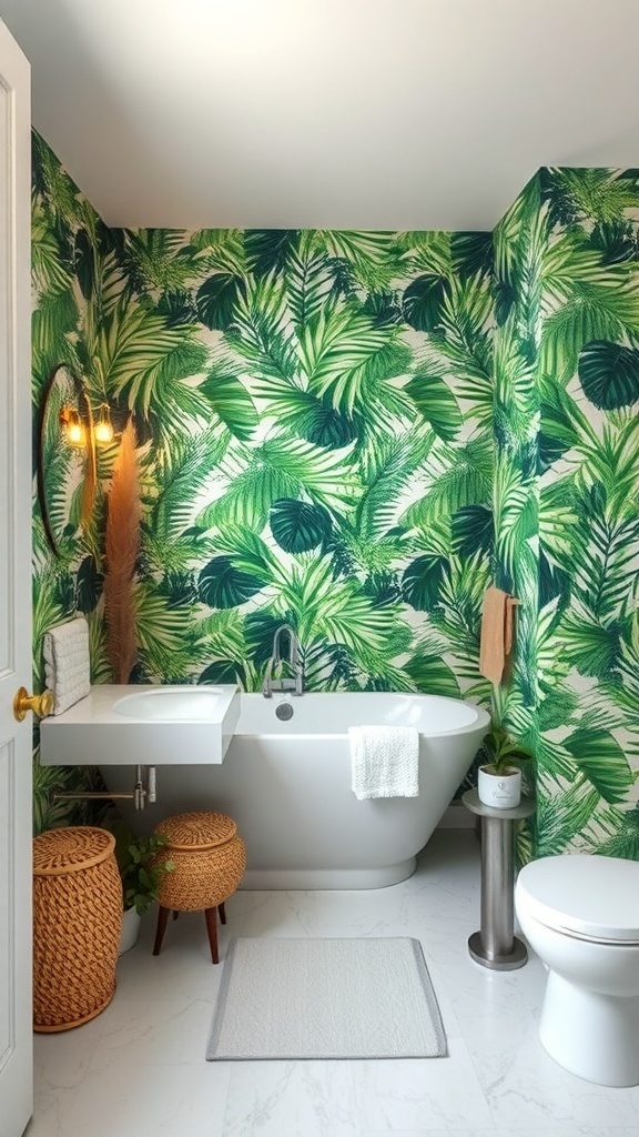 A bathroom with vibrant green palm leaf wallpaper, a modern bathtub, and stylish decor.