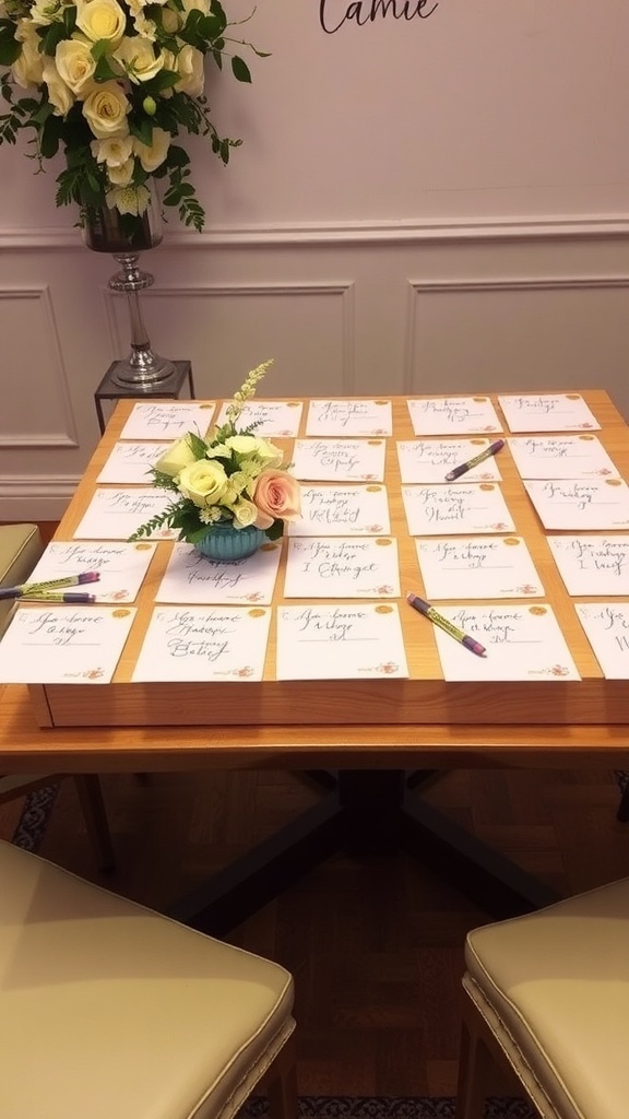 A table set up with advice cards for guests to fill out at a bridal shower, surrounded by a flower arrangement.