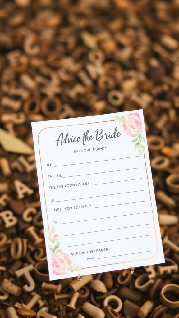 A beautifully printed card that says 'Advice the Bride' surrounded by decorative elements.