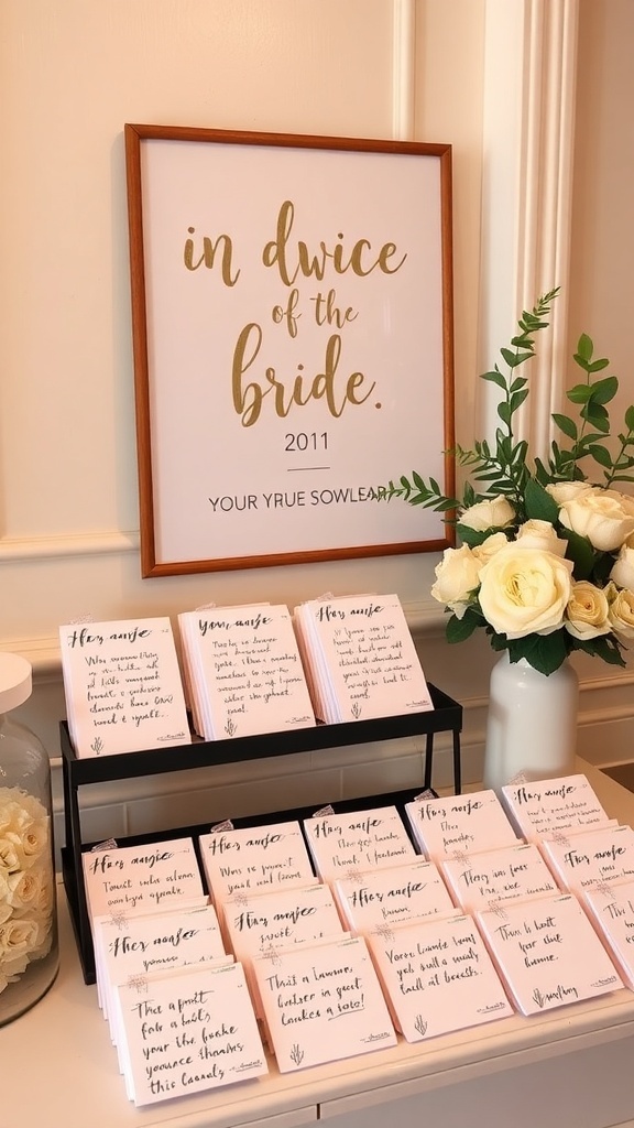 Setup of a bridal shower with an advice sign and cards for guests to share tips with the bride.